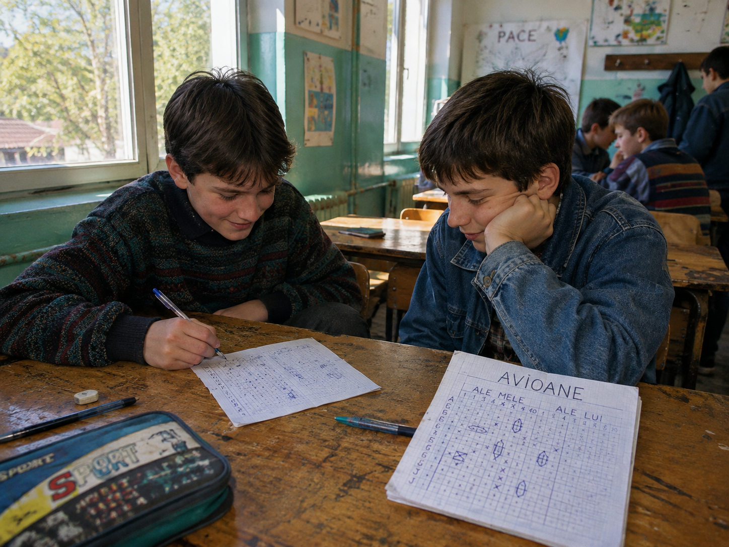 Two students playing Planes on a notebook grid