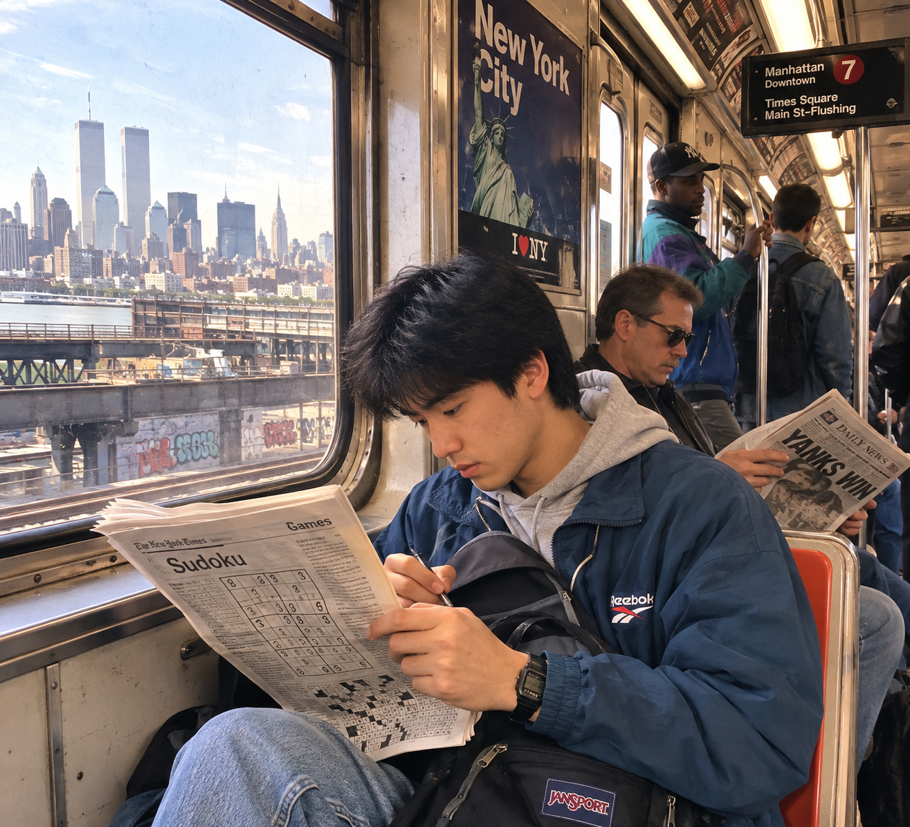 Commute young man solving Sudoku on a train
