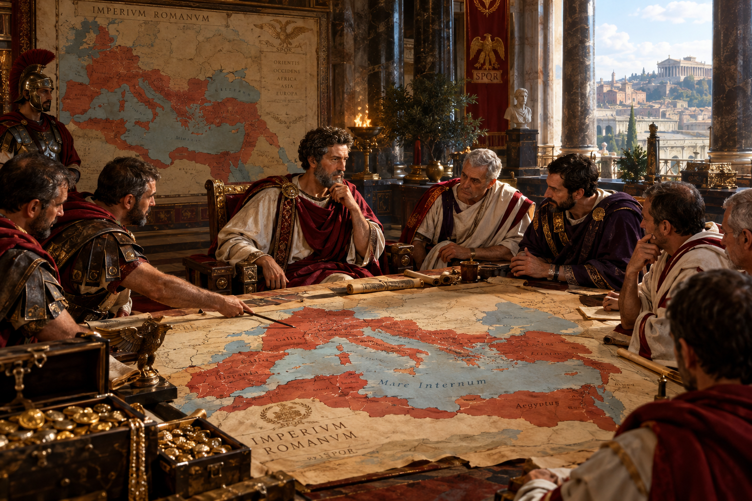 Marcus Aurelius discussing politics and war strategy in Rome